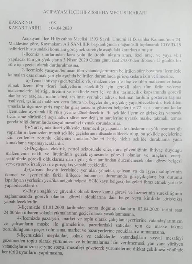 ACİPAYAM'IN GENELİNE KARANTİNA