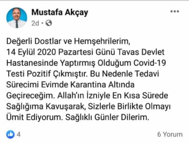 DENİZLİ’DE İLÇE BELEDİYE BAŞKANININ KORONAVİRÜS TESTİ POZİTİF ÇIKTI