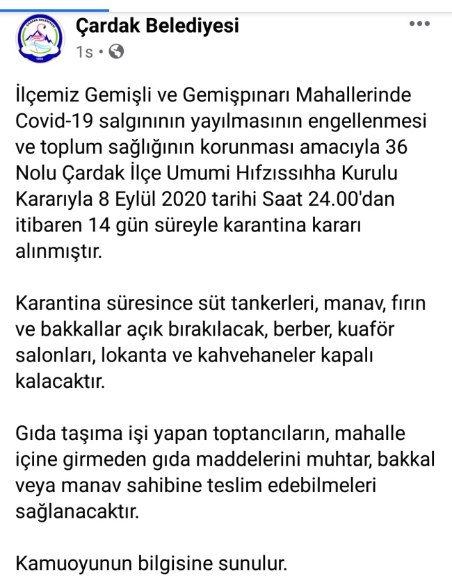 DENİZLİ’DE 2 MAHALLE KARANTİNAYA ALINDI