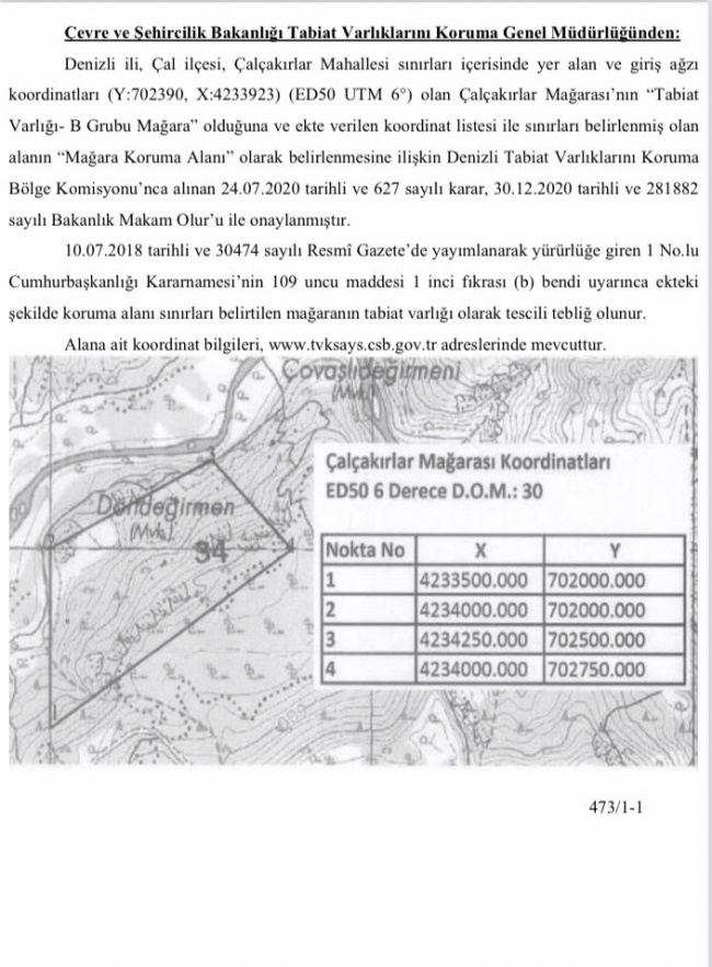 ÇAL’DAKİ MAĞARA TABİAT VARLIĞI OLARAK TESCİLLENDİ 