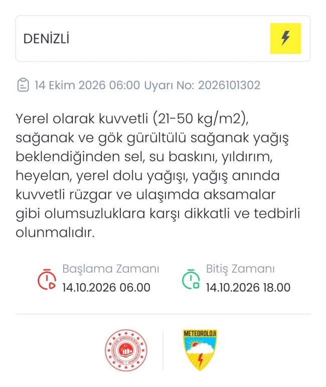 DENİZLİ’DE ALARM! METEOROLOJİ SAAT VEREREK UYARDI