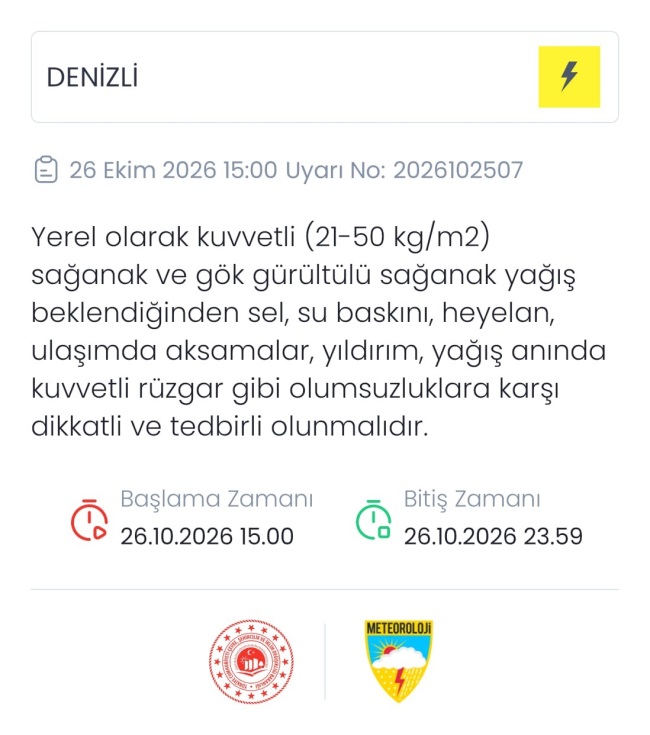 METEOROLOJİ’DEN DENİZLİ’YE KUVVETLİ YAĞIŞ UYARISI! SEL VE SU BASKININA DİKKAT